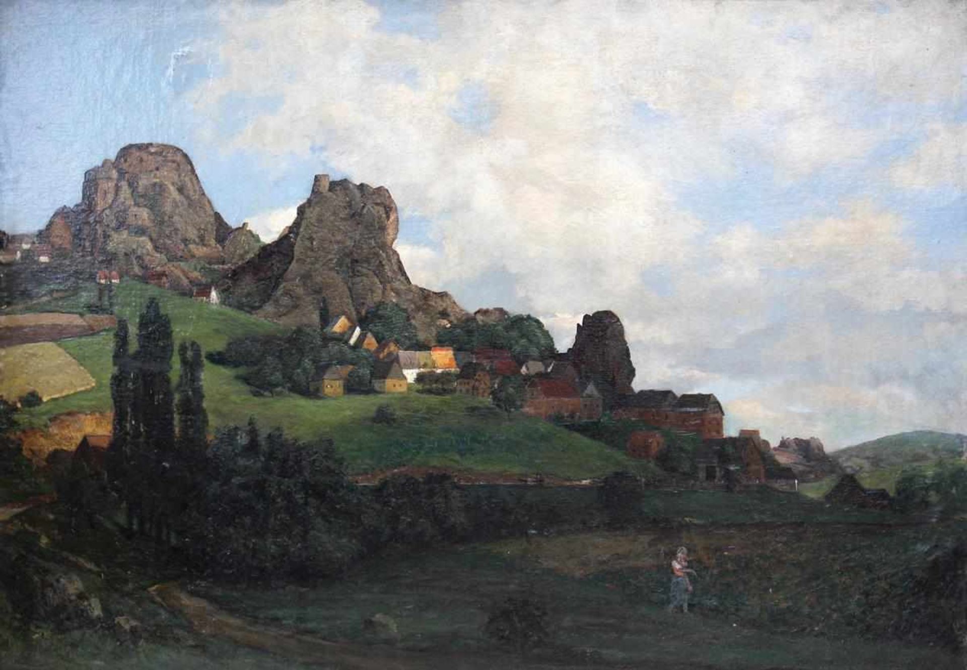 Schneider, Bernhard(1843 Lüneburg - Cedarburg WI 1907). Dorf in gebirgiger Landschaft. Öl auf