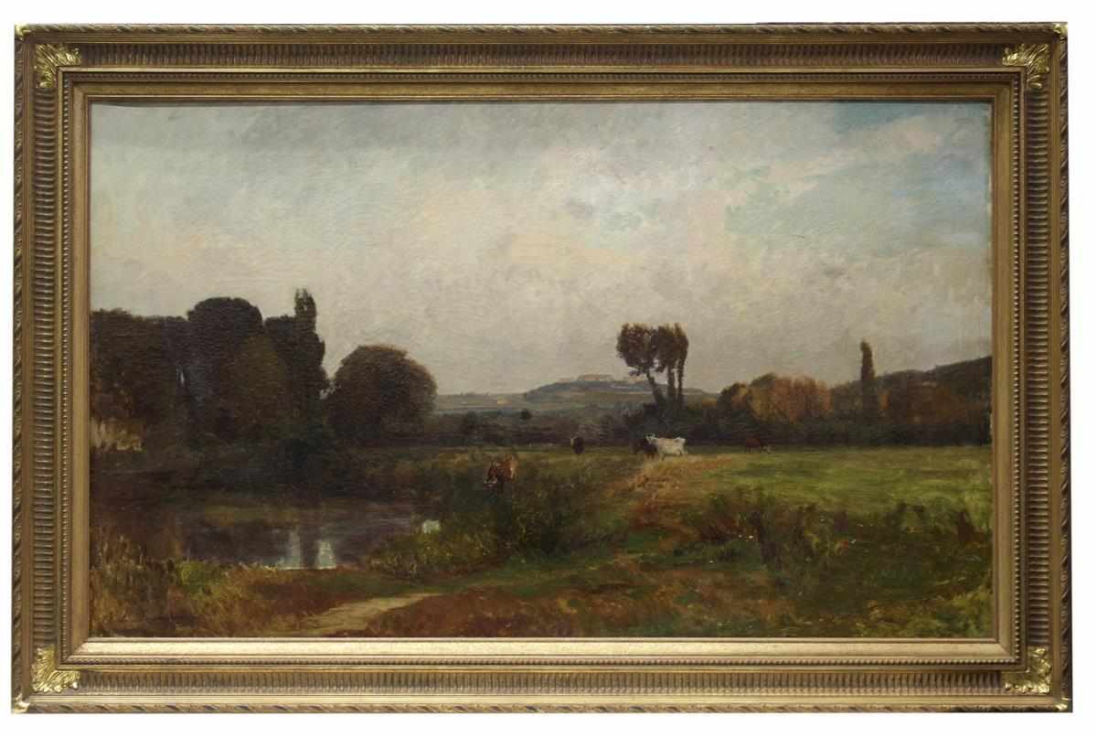 Lambinet, Emile Charles(1813 Versailles - Bougival 1877). Landschaft mit grasenden Kühen am Seeufer. - Image 2 of 2