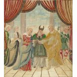 Jüdische Vermählung.Hochzeit zu Kanaan. Feines farb. Stickbild, wohl Frankreich 18. Jh. Ca. 36,5 x