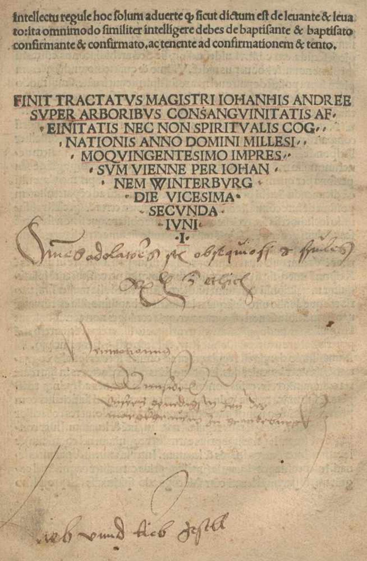Andreae,J.Super arboribus consanguinitatis... Fragment. Wien, J. Winterburg 22. Juni 1500. Kl.4°.