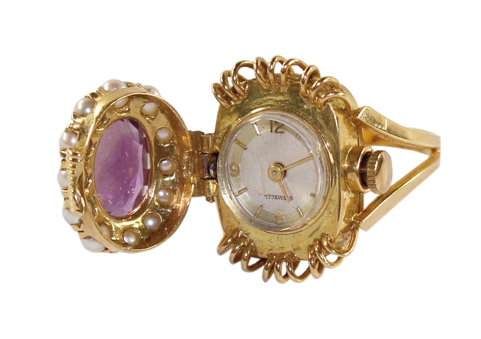 Ringuhr m. Amethystu. kl. Saatperlen. 750 GG. Feines wohl Pforzheimer Uhrwerk unter Klappdeckel