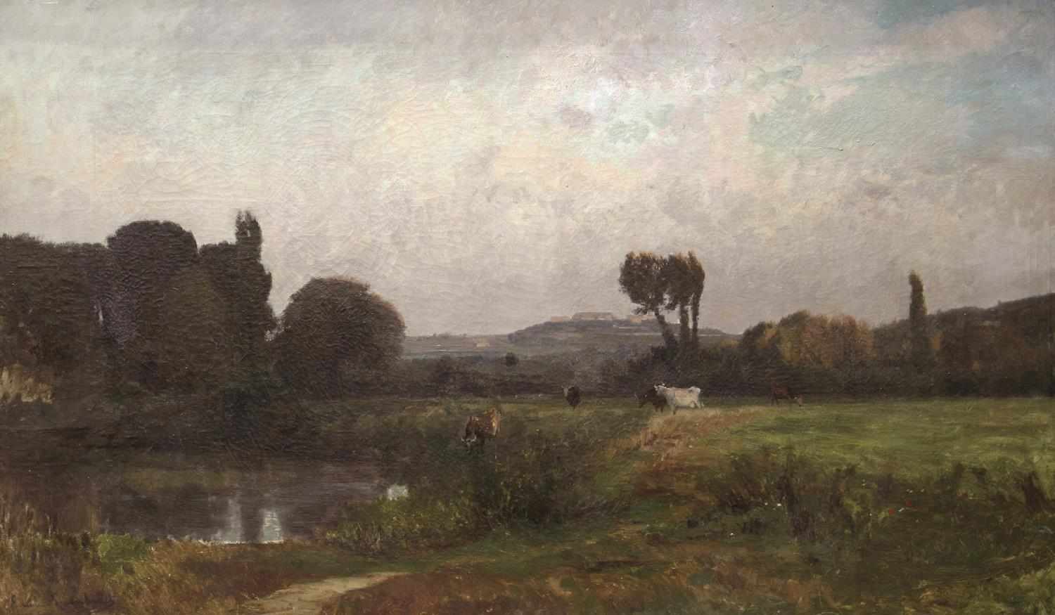Lambinet, Emile Charles(1813 Versailles - Bougival 1877). Landschaft mit grasenden Kühen am Seeufer.