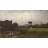 Lambinet, Emile Charles(1813 Versailles - Bougival 1877). Landschaft mit grasenden Kühen am Seeufer.