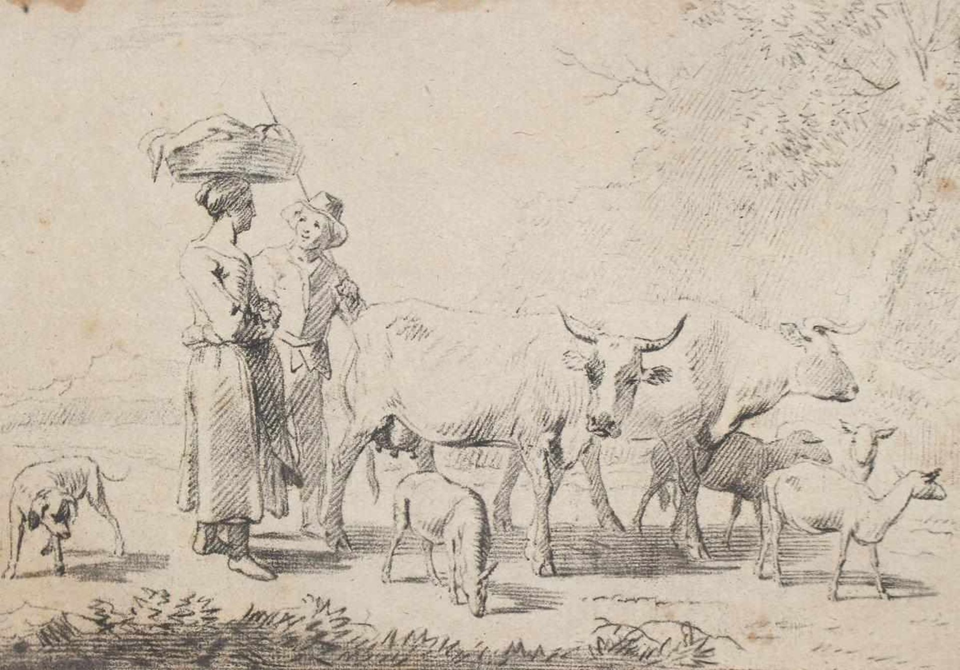 Noorde, Cornelis van(1731 Haarlem 1795). Hirte u. eine Frau mit Kühen u. Schafen. Crayonmanier n.