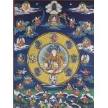Thangka.Ein weißhäutiger Gott auf einem Lotusthron, umgeben von 8 weiteren Gottheiten. Gouache auf