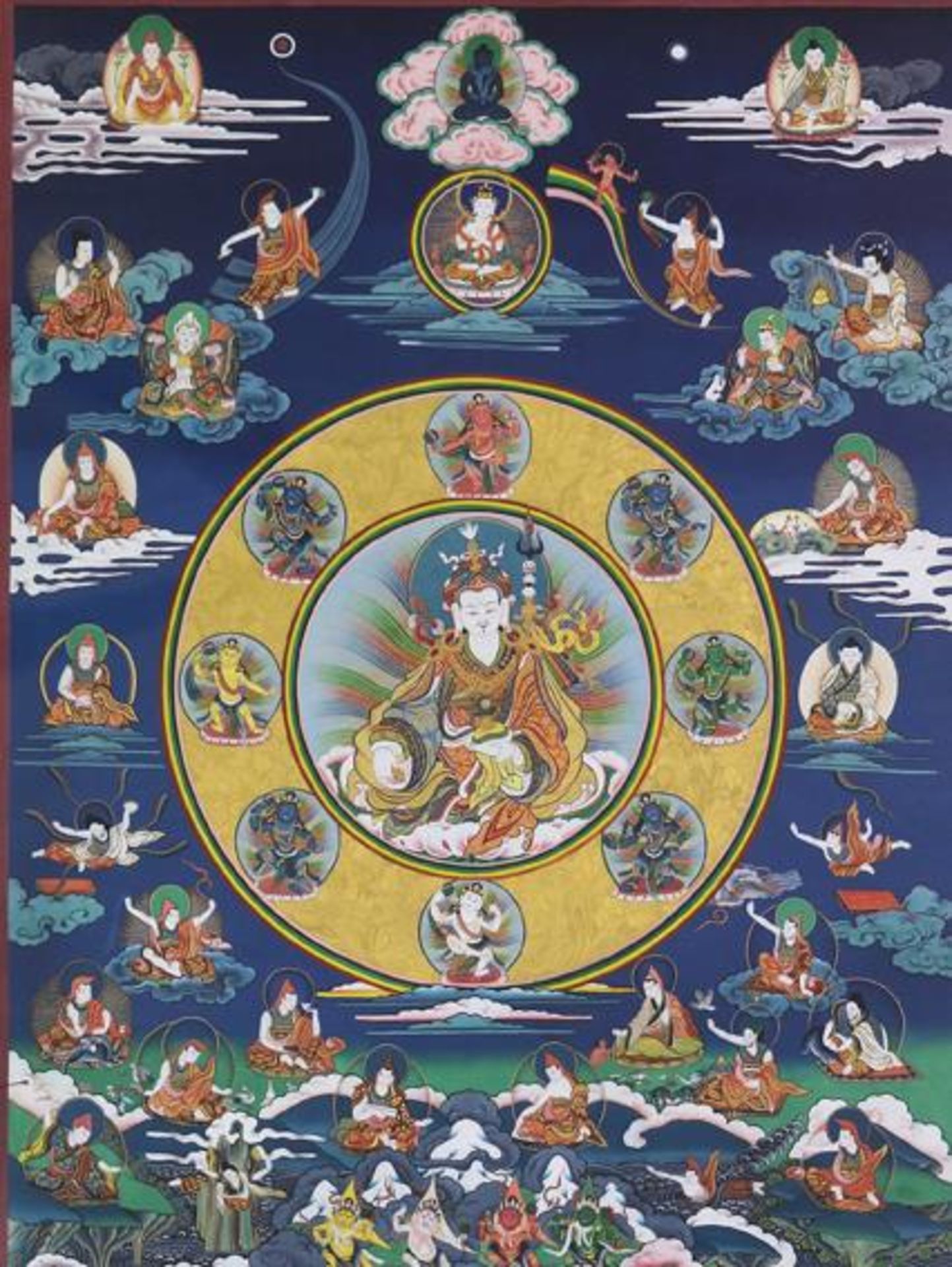 Thangka.Ein weißhäutiger Gott auf einem Lotusthron, umgeben von 8 weiteren Gottheiten. Gouache auf