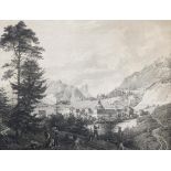 Ettal.Blick auf das Kloster. Im Hintergrund Rappenkopf, Ammergauer Kofel und Laberberg. Lithographie