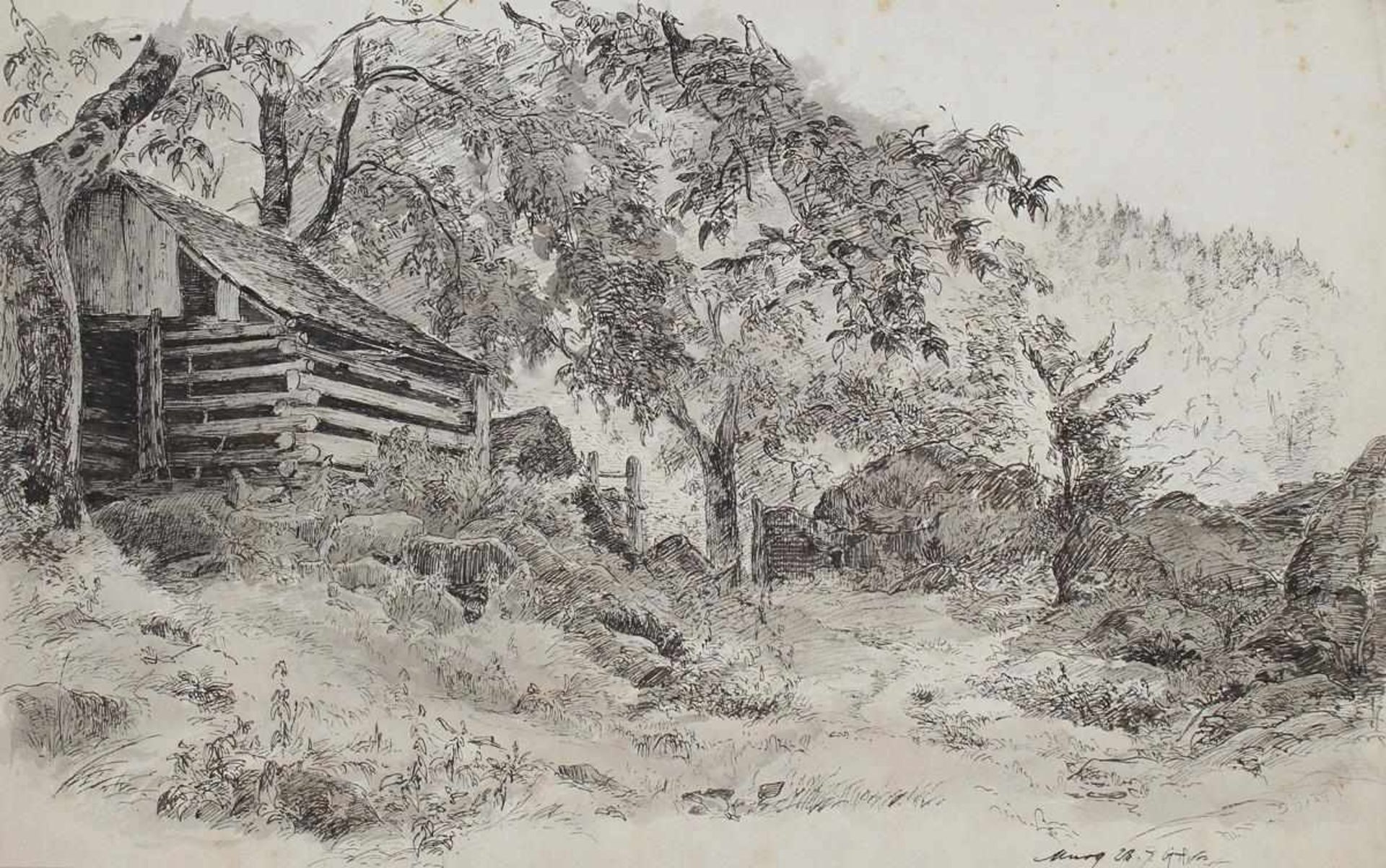 Murg.Landschaft mit Holzhütte, Steinen u. Laubbäumen, im Hintergrund Nadelwald. Lavierte