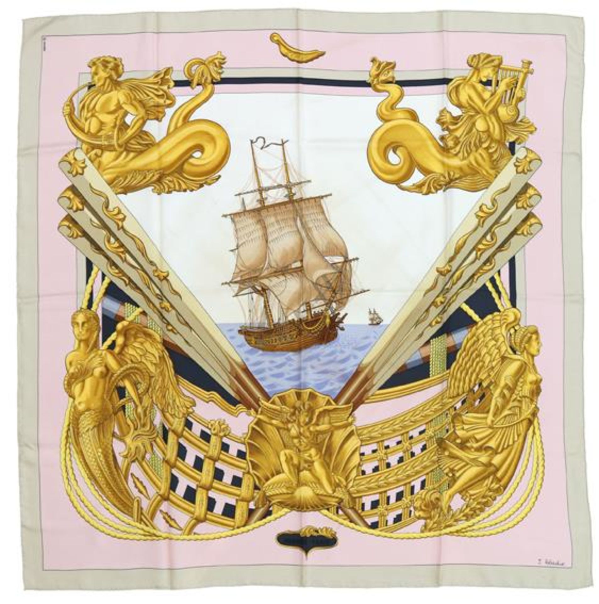 Hermès-Carré'Zéphir', von Julia Abadie, 1992. Mittig historisches Segelschiff auf hoher See, umrahmt