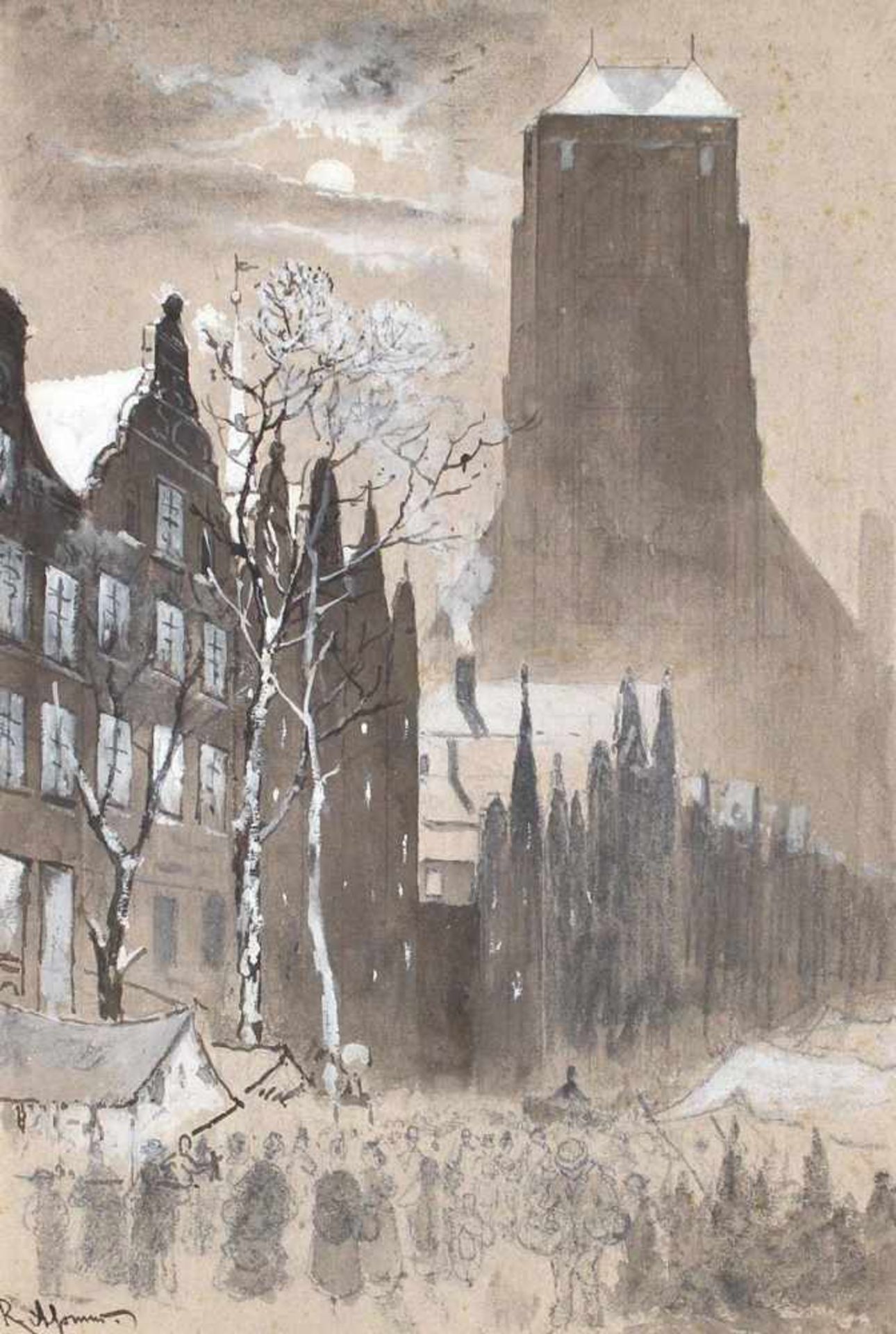 Aßmus, Robert(1837 Stuhm - Dießen am Ammersee 1904). Ulmer Marktplatz mit Weihnachtsbuden mit dem