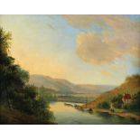 Hilgers, Carl(1818 Düsseldorf 1890). Romantische Flusslandschaft mit Lastkahn. Öl auf Lwd. 30 x 40