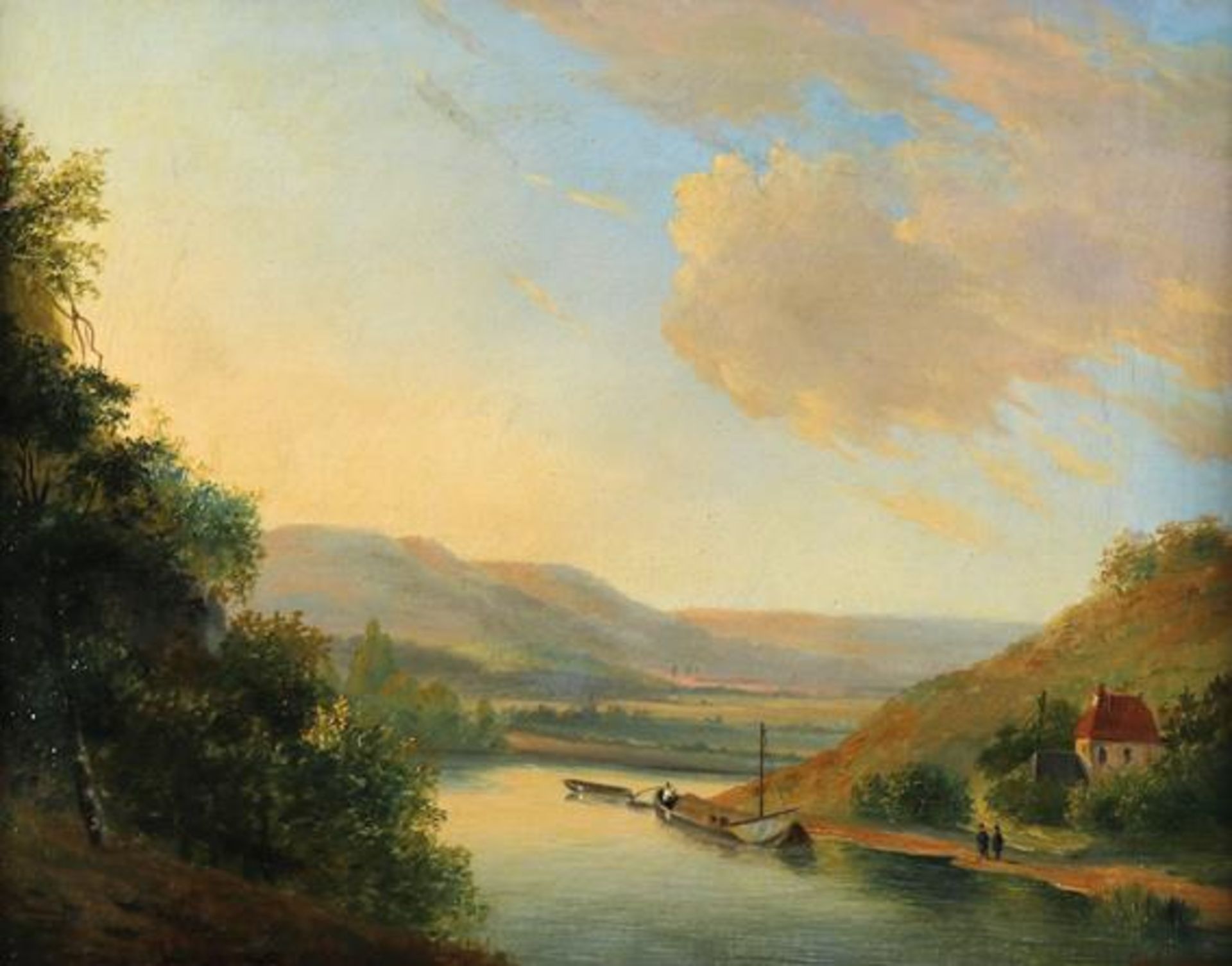 Hilgers, Carl(1818 Düsseldorf 1890). Romantische Flusslandschaft mit Lastkahn. Öl auf Lwd. 30 x 40