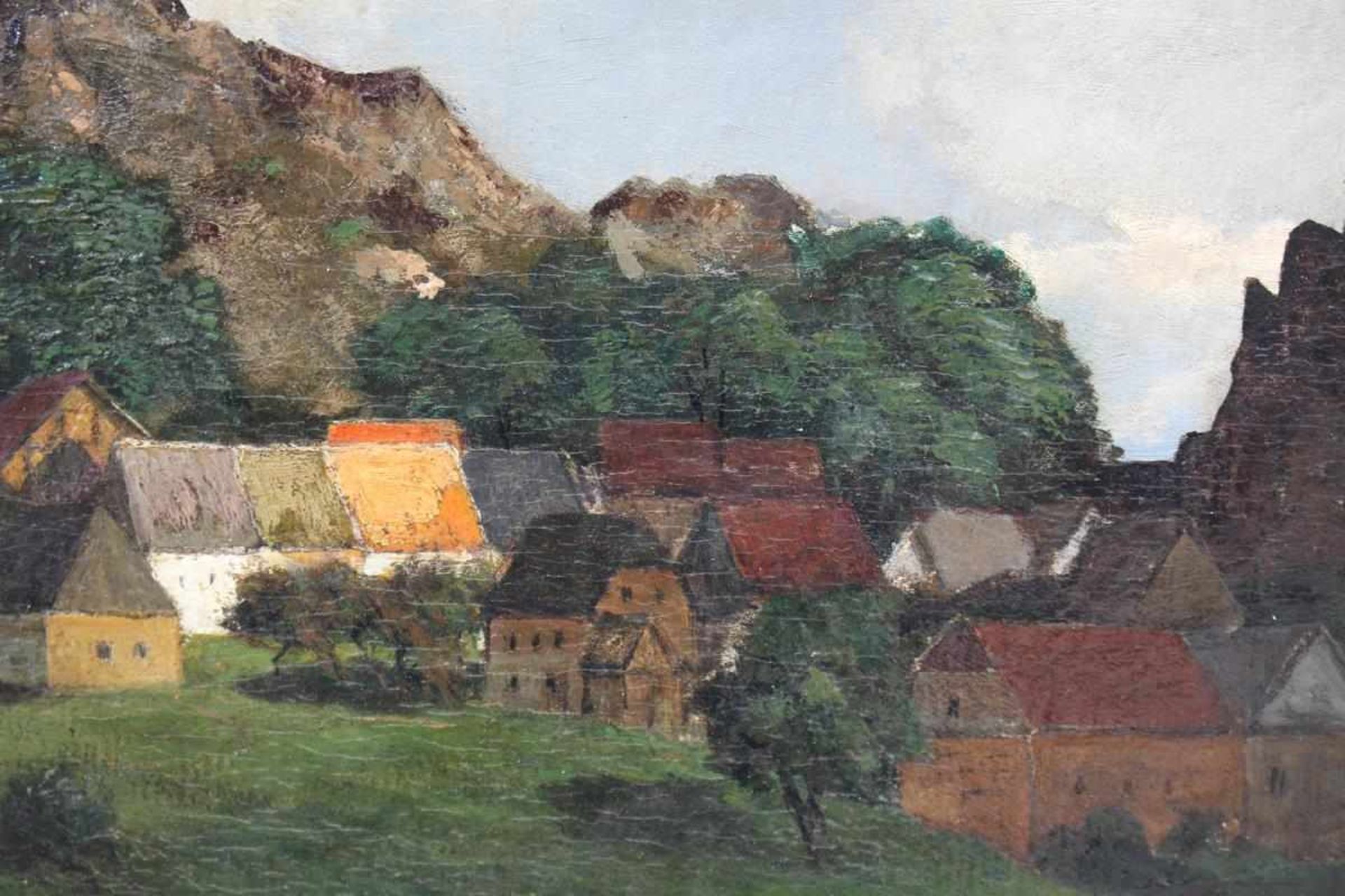 Schneider, Bernhard(1843 Lüneburg - Cedarburg WI 1907). Dorf in gebirgiger Landschaft. Öl auf - Bild 2 aus 3