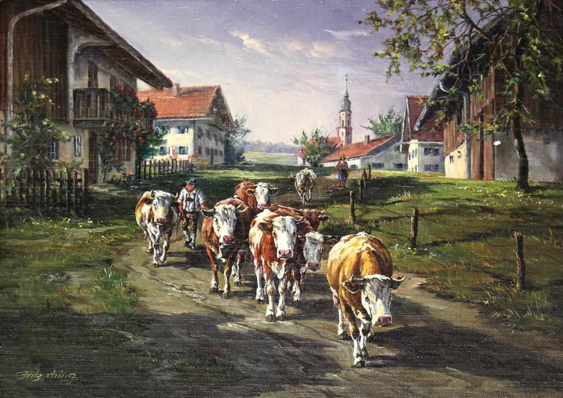 Fritzsching, Alfred(1935 Zorneding). Rinder mit Bauern auf Dorfstraße. Öl auf Leinwand auf