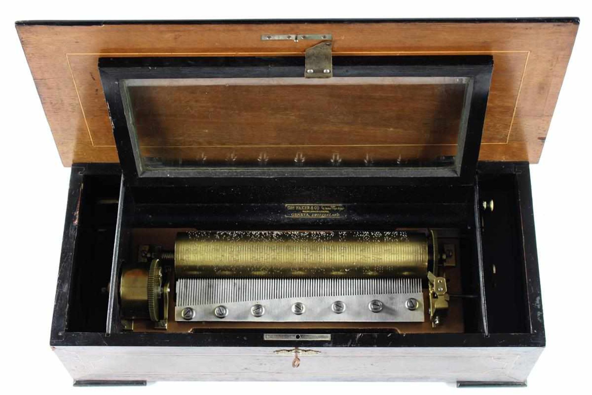 Walzenspieldose Baker Troll & Coum 1890. Seriennr. 14573. Bandintarsierter Holzkasten mit - Bild 2 aus 3