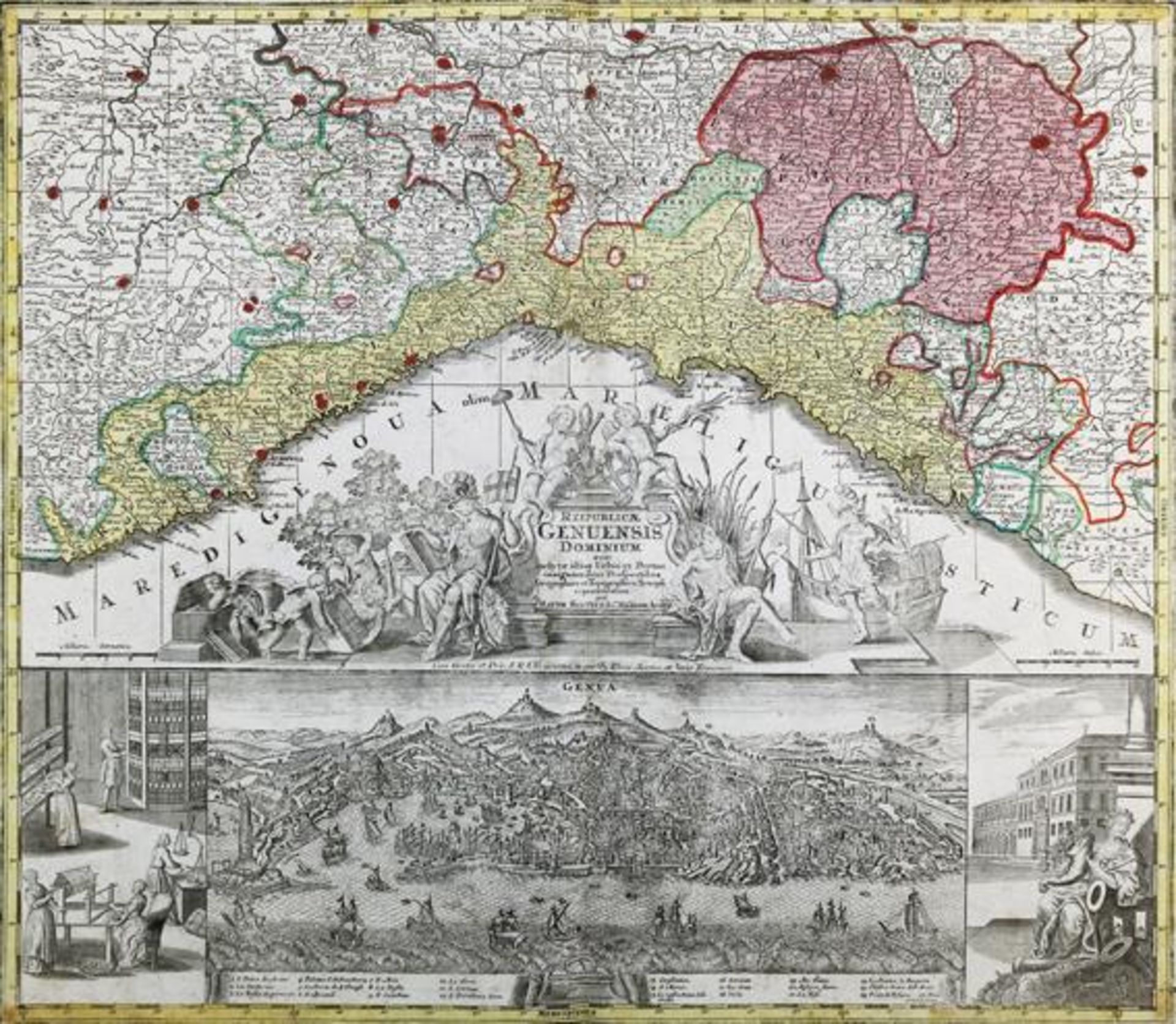 Genua'Reipublicae Genuensis Dominium'. Teilkolor. Karte der Republik Genua mit gr. fig.-herald.