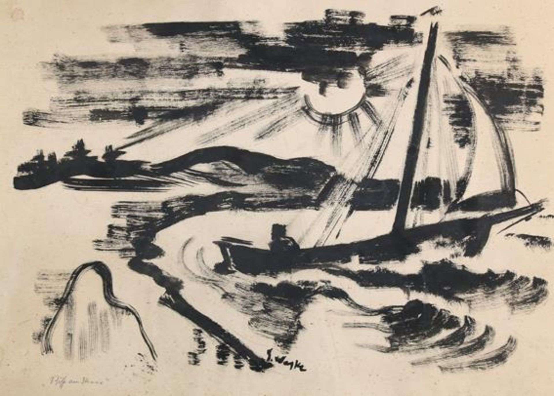 Waske, Erich(1889 Berlin 1973). 'Schiff am Maar'. Tusche auf festem Papier. Blgr. 35,5 x 48,5 cm.