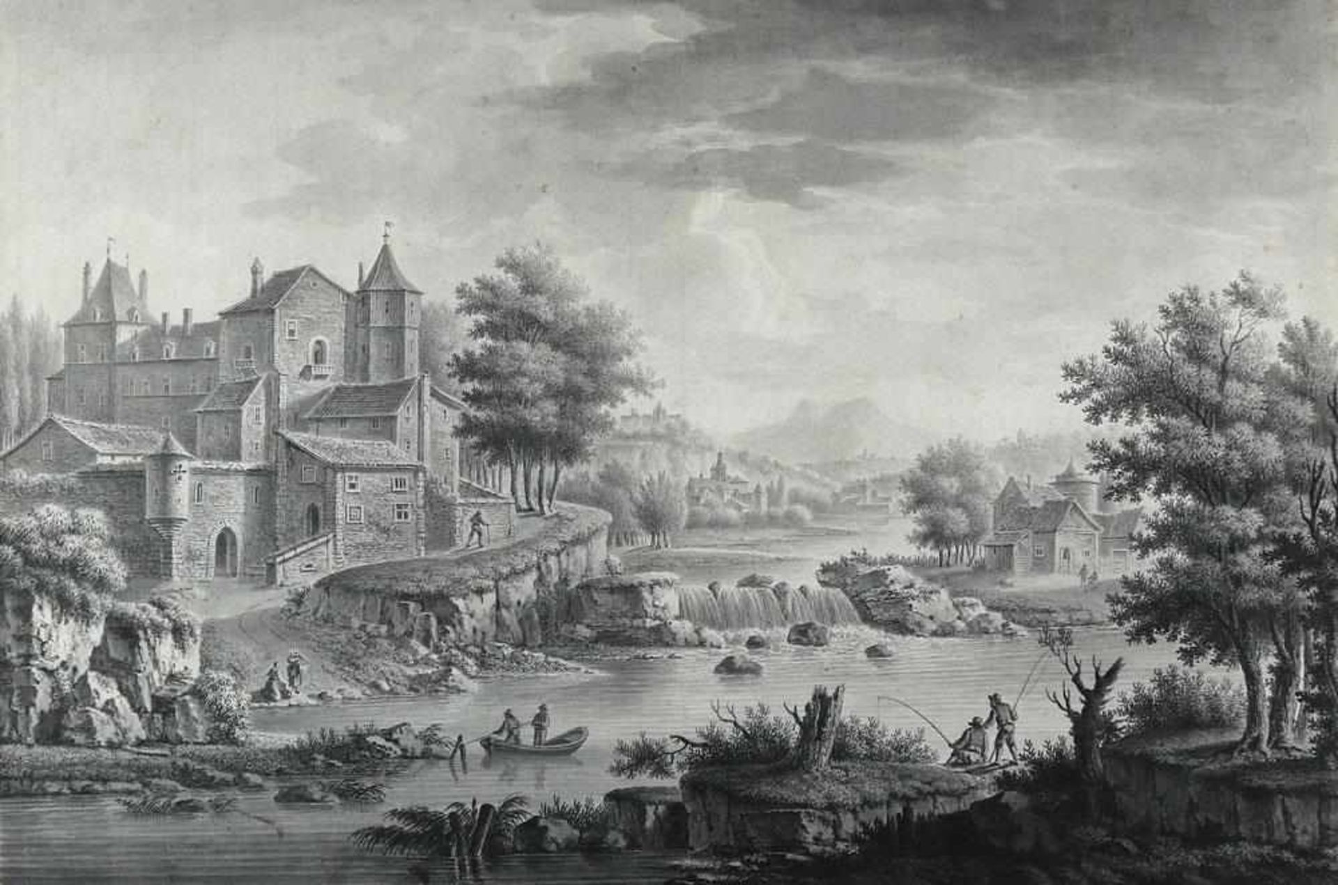 Vernet, Joseph(1714 Avignon - Paris 1789). Flusslandschaft mit Schlossanlage u. Anglern.