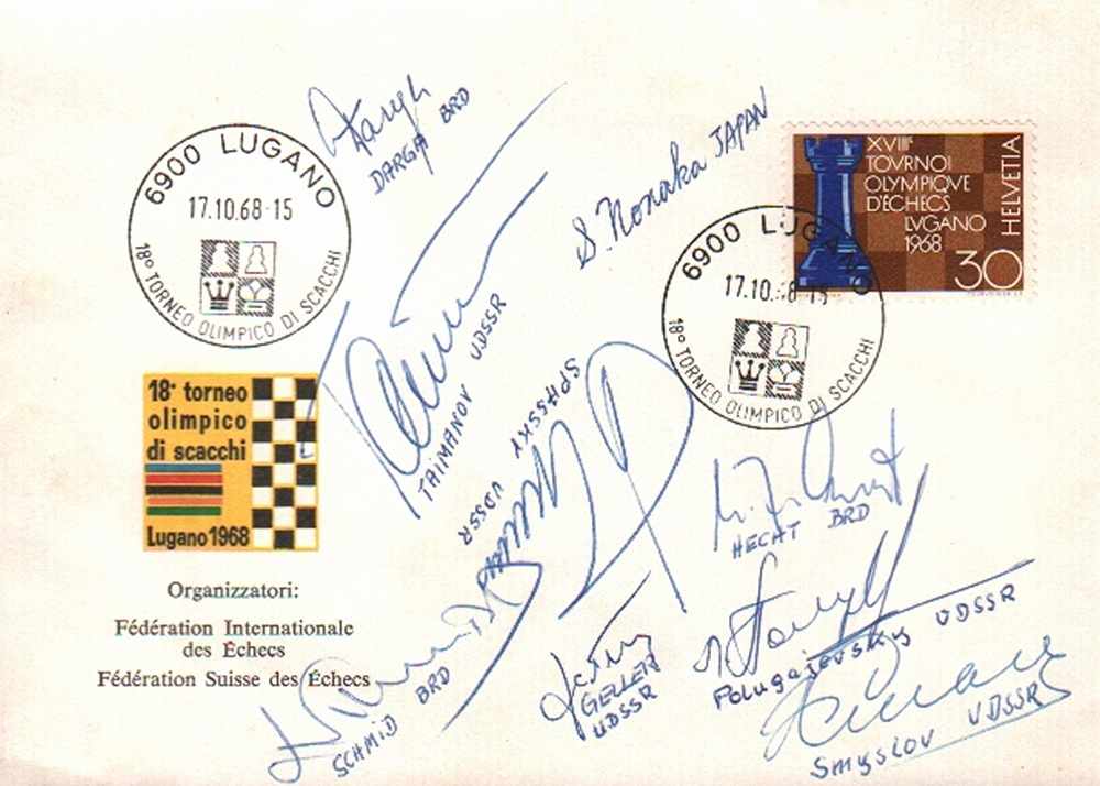 Lugano 1968.Briefumschlag mit Schachmotiv, farbiger Briefmarke und 2 Sonderstempeln zur