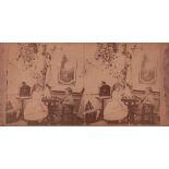Foto. Stereofototafelmit Szene von einer Schachpartie aus der Zeit um 1900. Tafelgröße 17,8 x 9