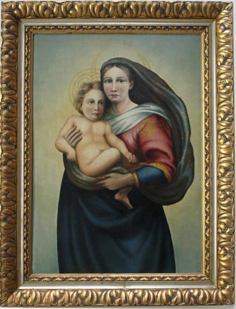 Hauser, Hans.(Madonna mit Kind) Ölgemälde auf Malpappe. Unten mittig signiert und datiert "Hans