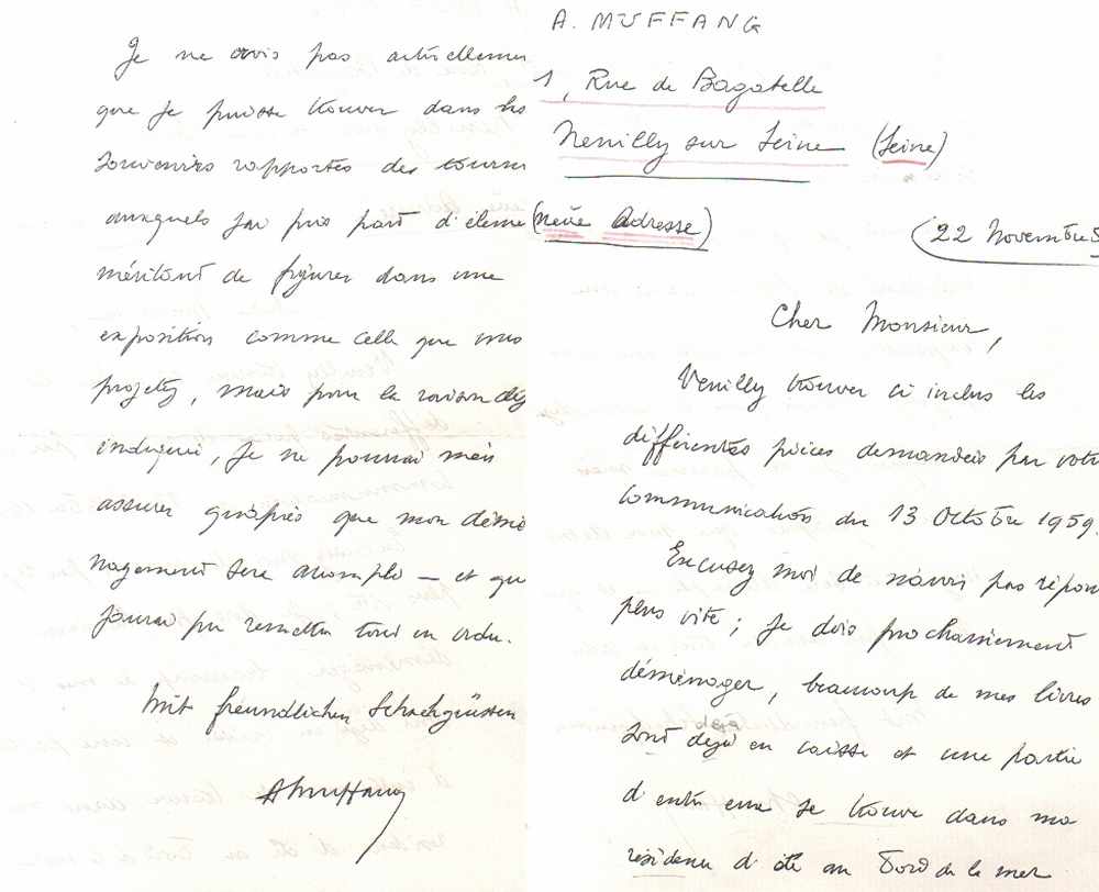 Muffang, André.Eigenhändig geschriebener Brief in französischer Sprache mit Unterschrift von André