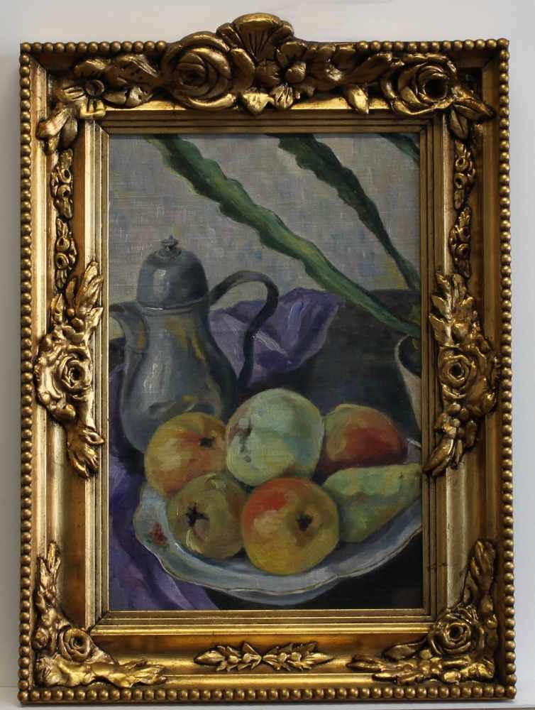 Stillleben mit Äpfeln.Ölgemälde auf Malkarton. Unbekannter Künstler. Arbeit aus der 2. Hälfte des