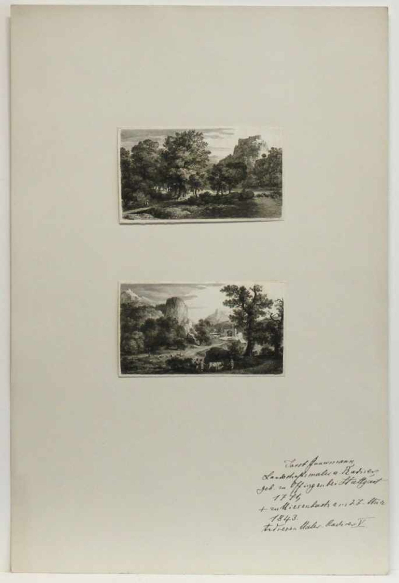 Gauermann, Jacob.Zwei originale Landschaftsradierungen auf einem Blatt montiert. Bildgrößen