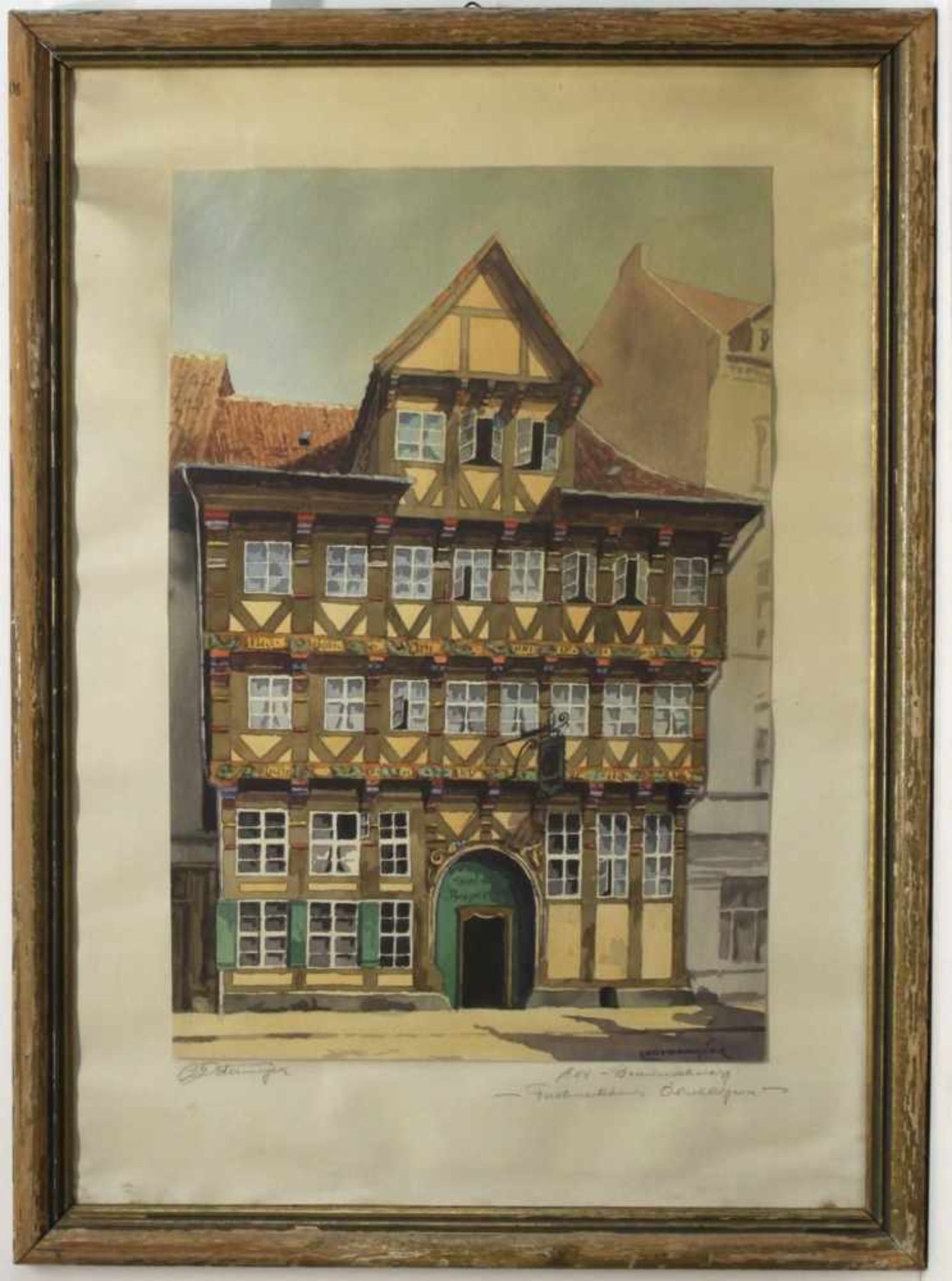 Determeyer, Carl."Alt - Braunschweig - Fachwerkhaus Ölschlägern". Aquarell auf Papier (Mischtechnik)