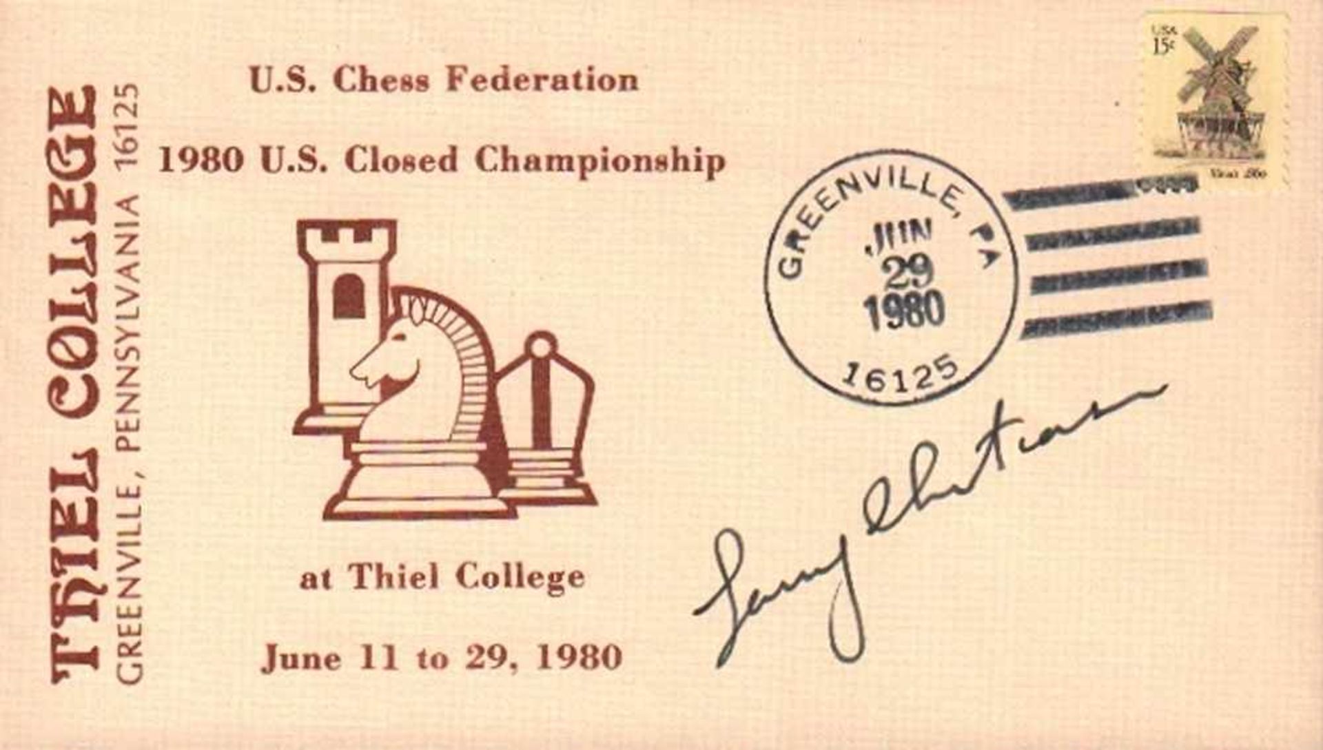 Christiansen, Larry.Briefumschlag mit gedrucktem Schachmotiv zum Turnier in Greenville (