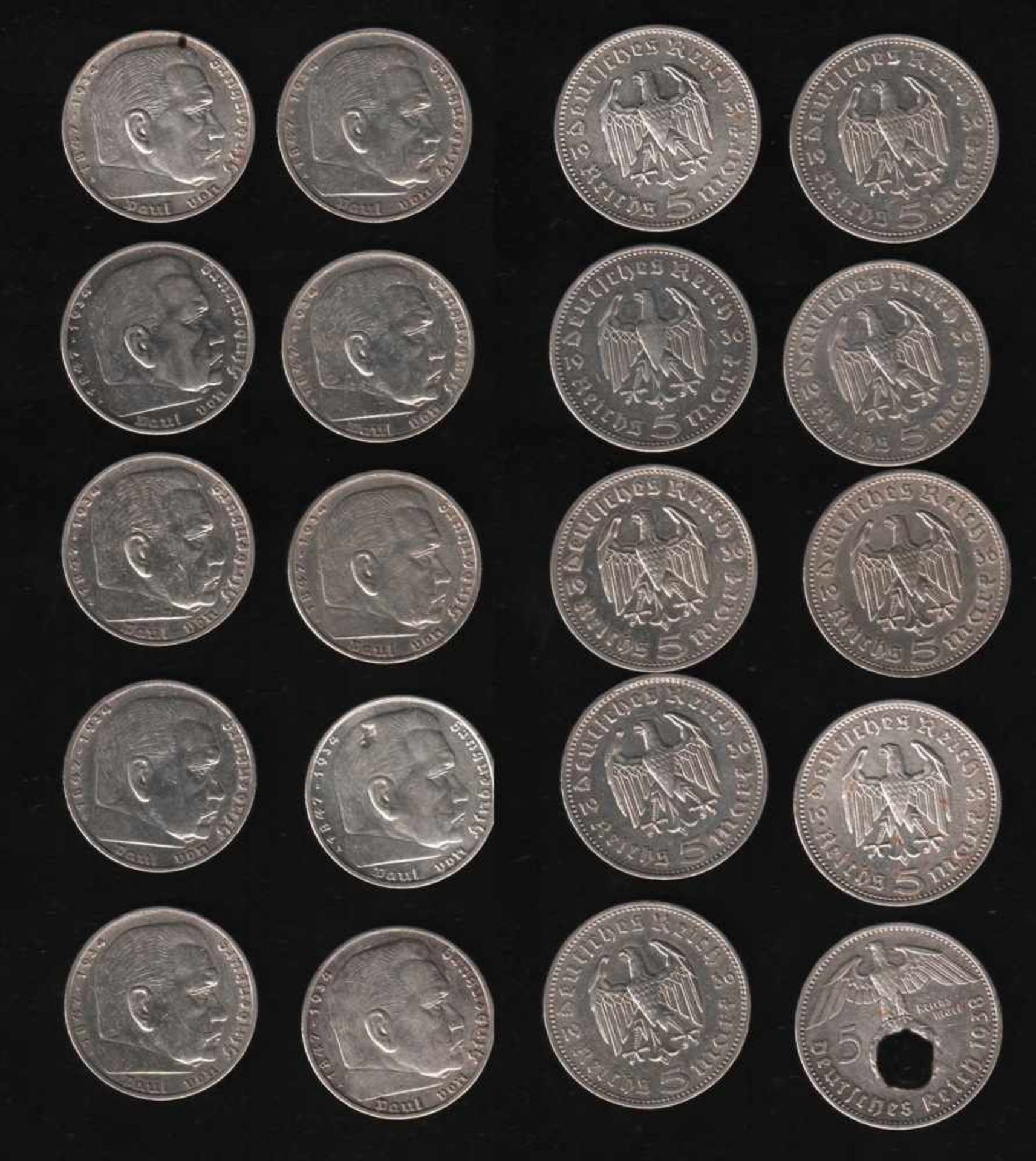 Deutsches Reich. 10 Silbermünzen zu 5 Reichsmark.Paul von Hindenburg. 1935 - 1938. Vorderseite: