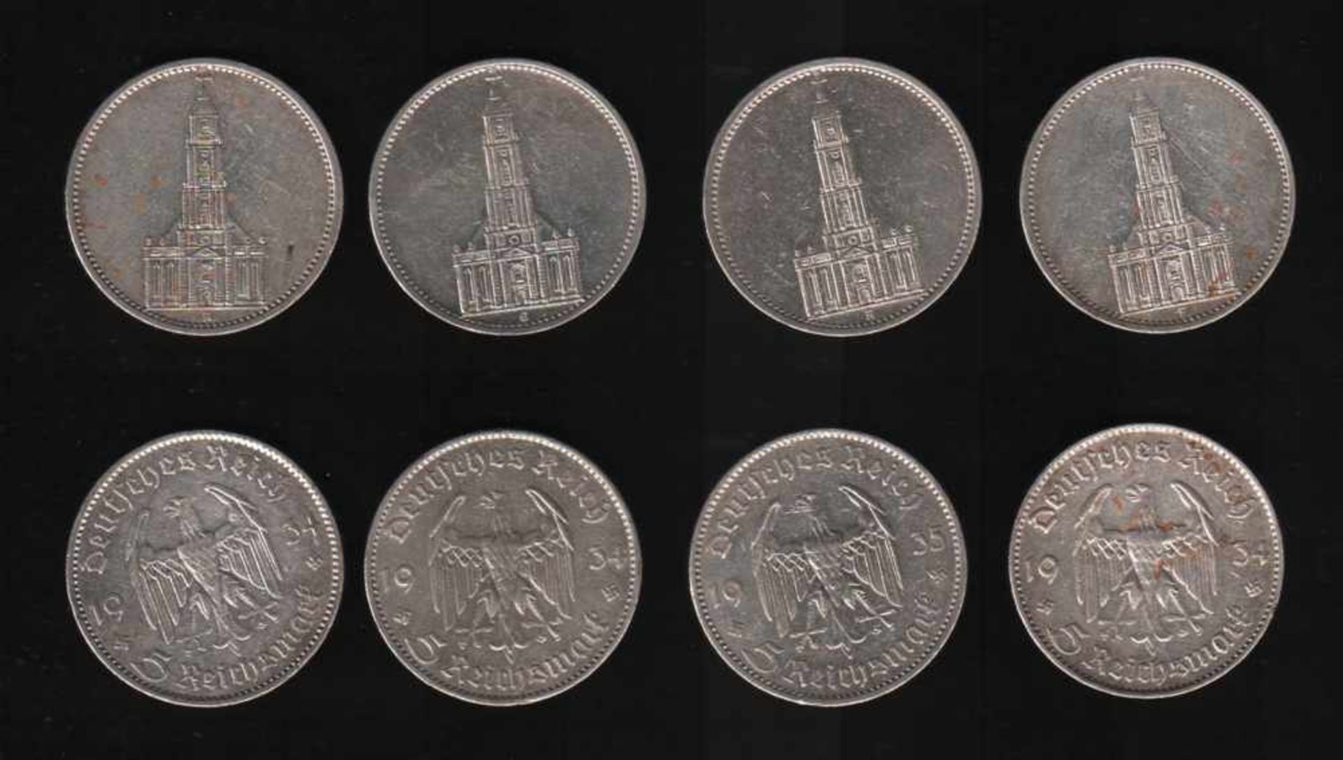 Deutsches Reich. 4 Silbermünzen zu 5 Reichsmark.Erster Jahrestag Eröffnung des Reichstages. 1934 -