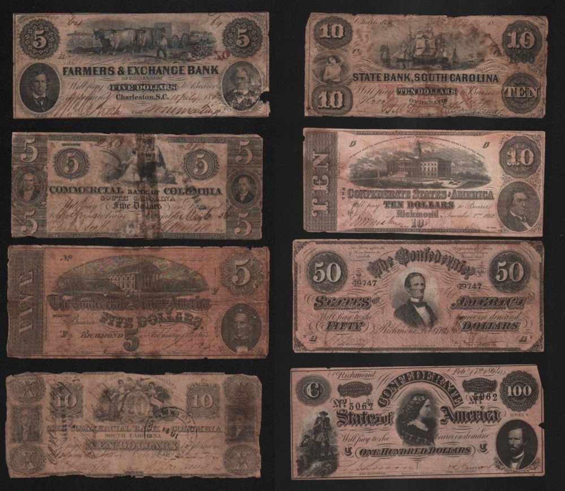 Amerika. Südstaaten der USA und Konföderierte Staatenvon Amerika. Konvolut von 8 Banknoten aus den