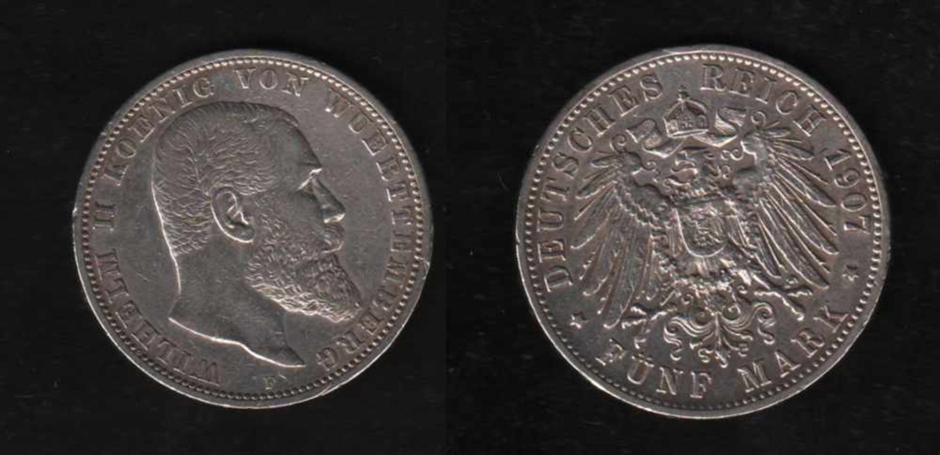 Deutsches Reich. Silbermünze. 5 Mark.Wilhelm II., König von Württemberg. F 1907. Vorderseite: