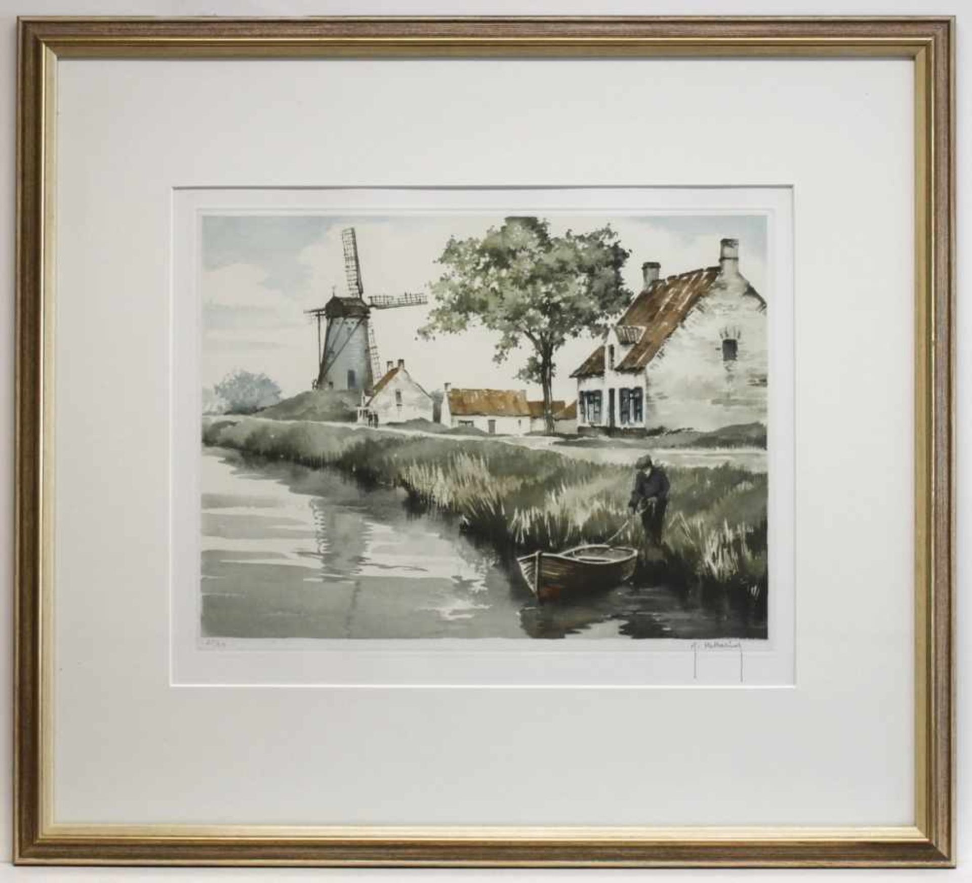 Hebbelinck, Roger.(Flusslandschaft mit Windmühle). Kolorierte Aquatintaradierung auf Papier. Unten