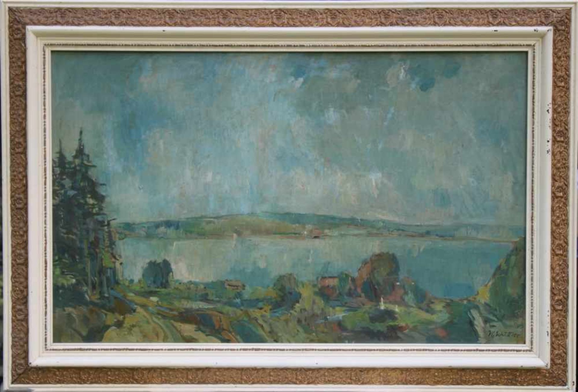 Schöttler, Walter."Möhnesee". Ölmalerei auf dünner Holzplatte. Unten rechts signiert "W. Schöttler", - Bild 2 aus 2