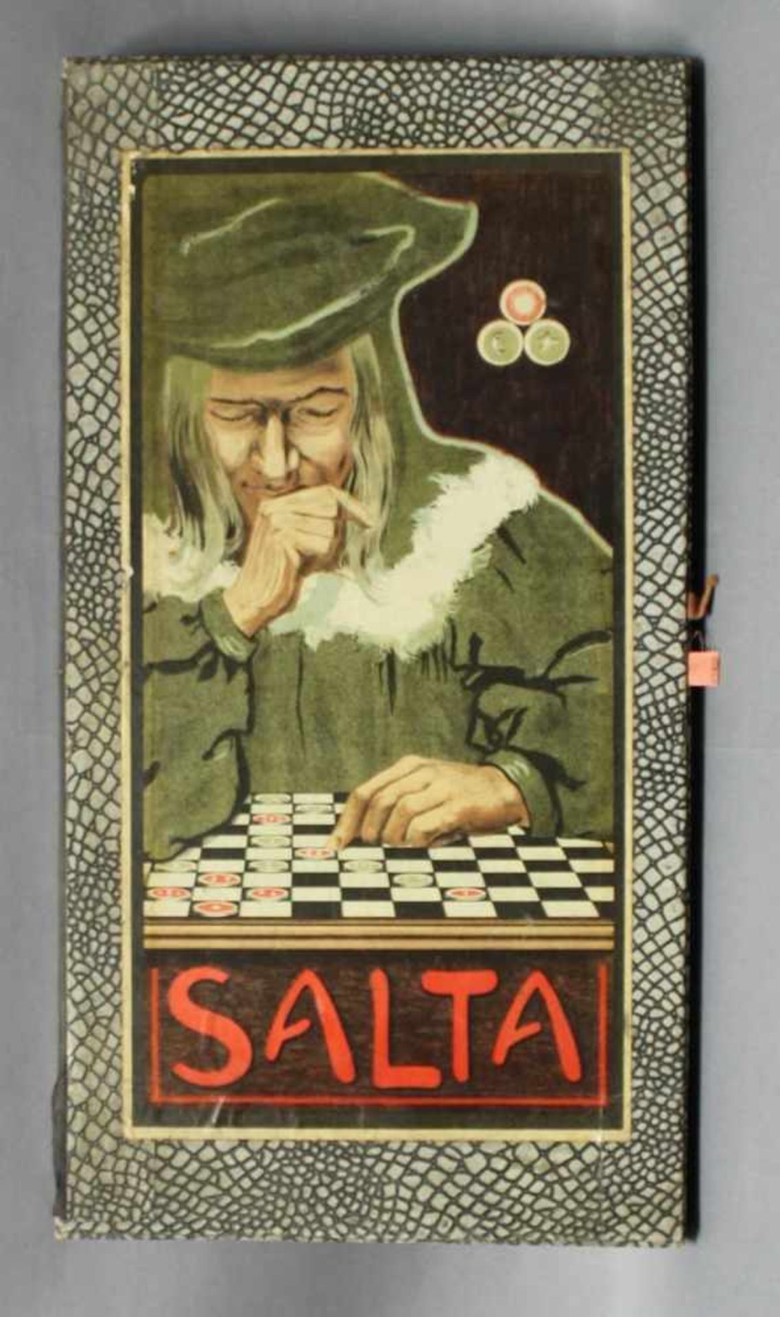 Spiele. Salta.Spiel mit 30 runden Spielsteinen aus Holz, 1 Spielbrett aus Pappe, 2 Stäbe, 1