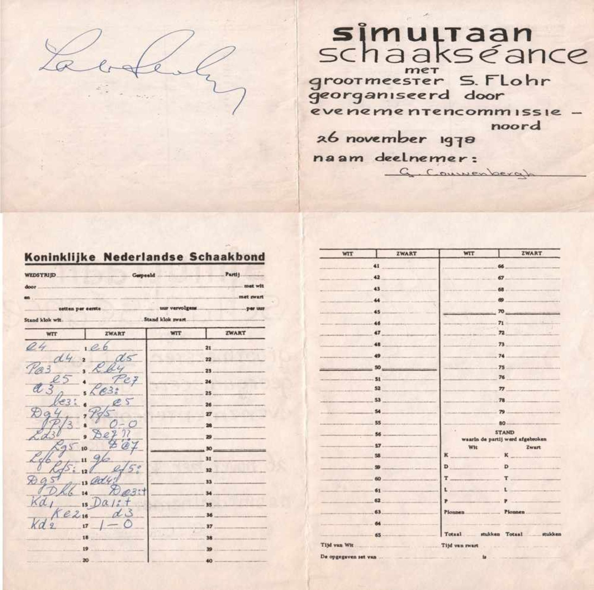 Flohr, S.Einmal gefaltetes handschriftliches Spielerprotokoll vom 26.11.1978 der Partie Flohr -