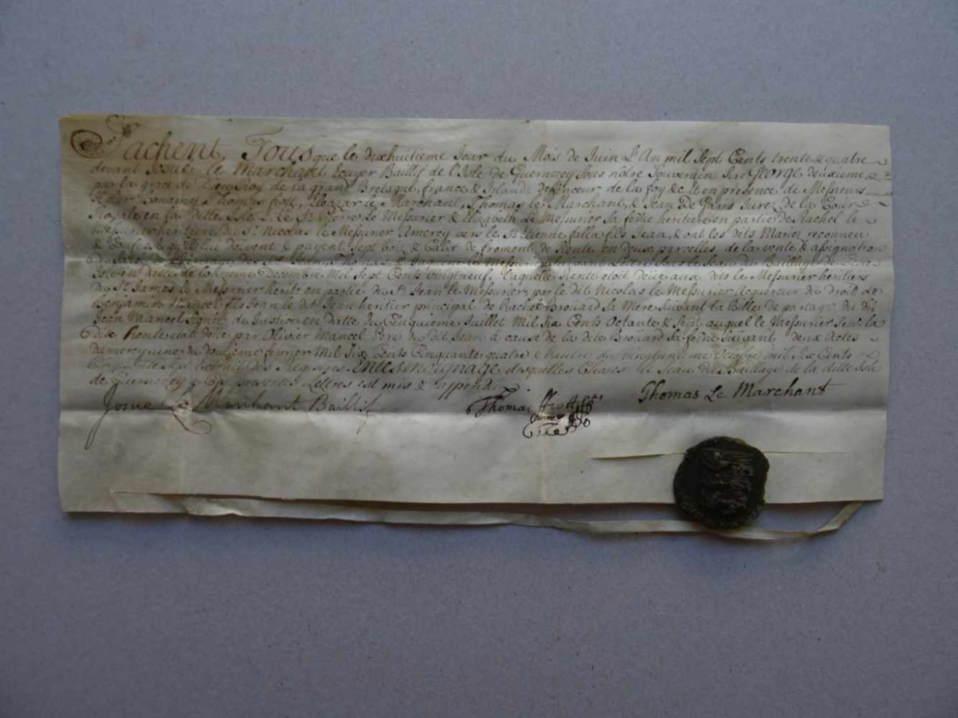 Le Marchant, Joshua(1717 - 1751). Französische Handschrift auf Pergament mit 3 Unterschriften von '