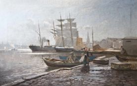 Petersen-Angeln, Heinrich(Westerholz 1850 - 1906 Düsseldorf). Flensburger Hafen. Öl auf Leinwand, um