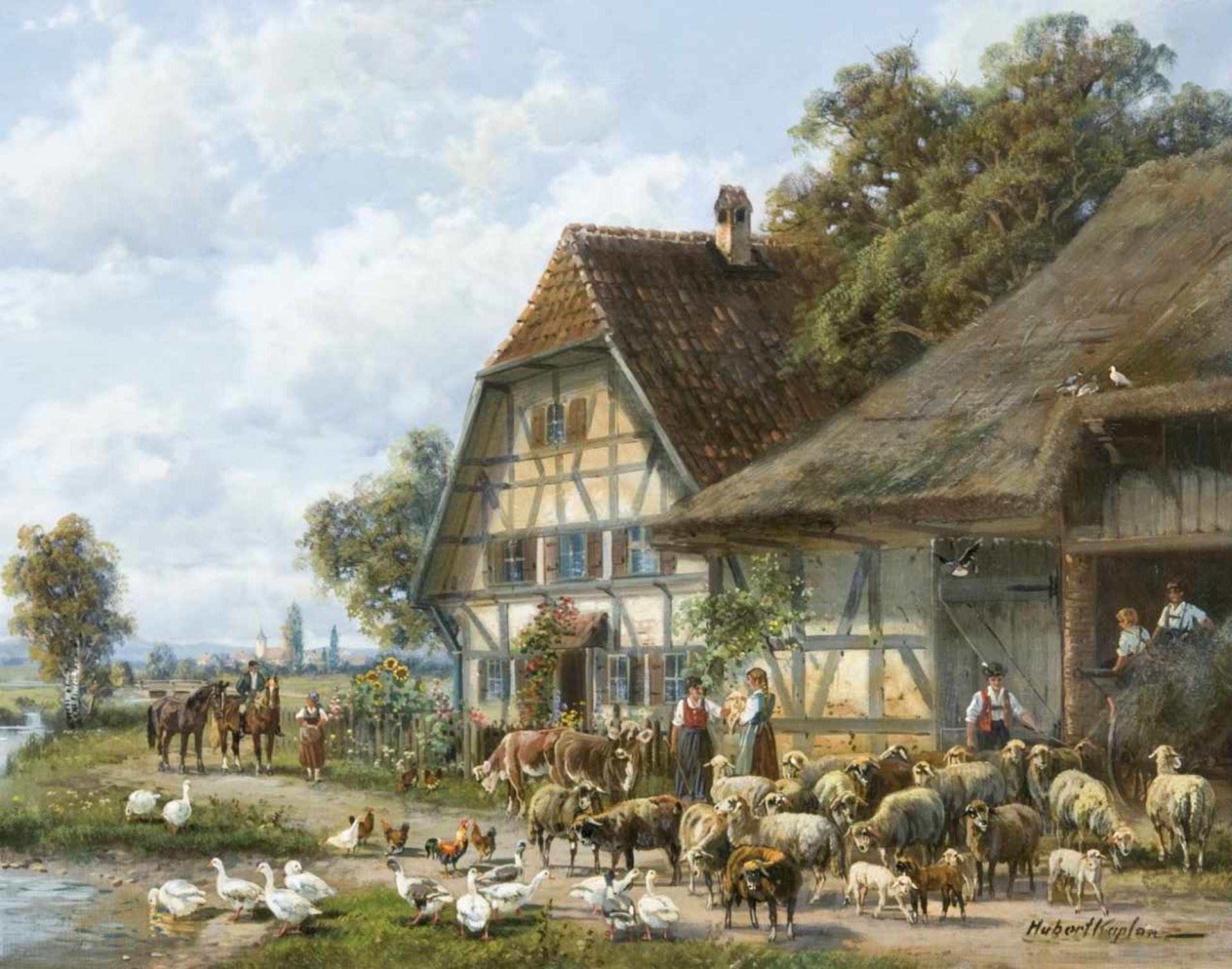 Kaplan, Hubert(München 1940). Bauernhof mit Tieren. Öl auf Holz. Um 1980. Unten rechts signiert.