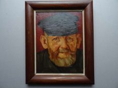 Johannsen, Albert.(Husum 1890 - 1975). Husumer Fischer. Porträt mit Mütze. Öl auf Holz. Um 1920.