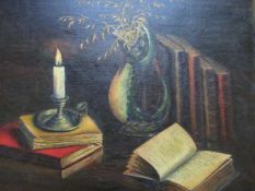 Mesa, Carmen G.(? Malaga). Stillleben mit Büchern. Öl auf Leinwand. (Um 1900). Unten links signiert.