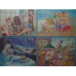 Puzzle.4 komplette farbige Papp-Puzzle von Bill Layne. Um 1940. Je 20 x 25 cm.Die Puzzle waren