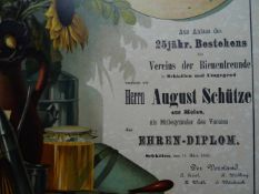 Bienen.- Ehren-Diplomdes Vereins der Bienenfreunde für A. Schütze aus Melau. Chromolithographie