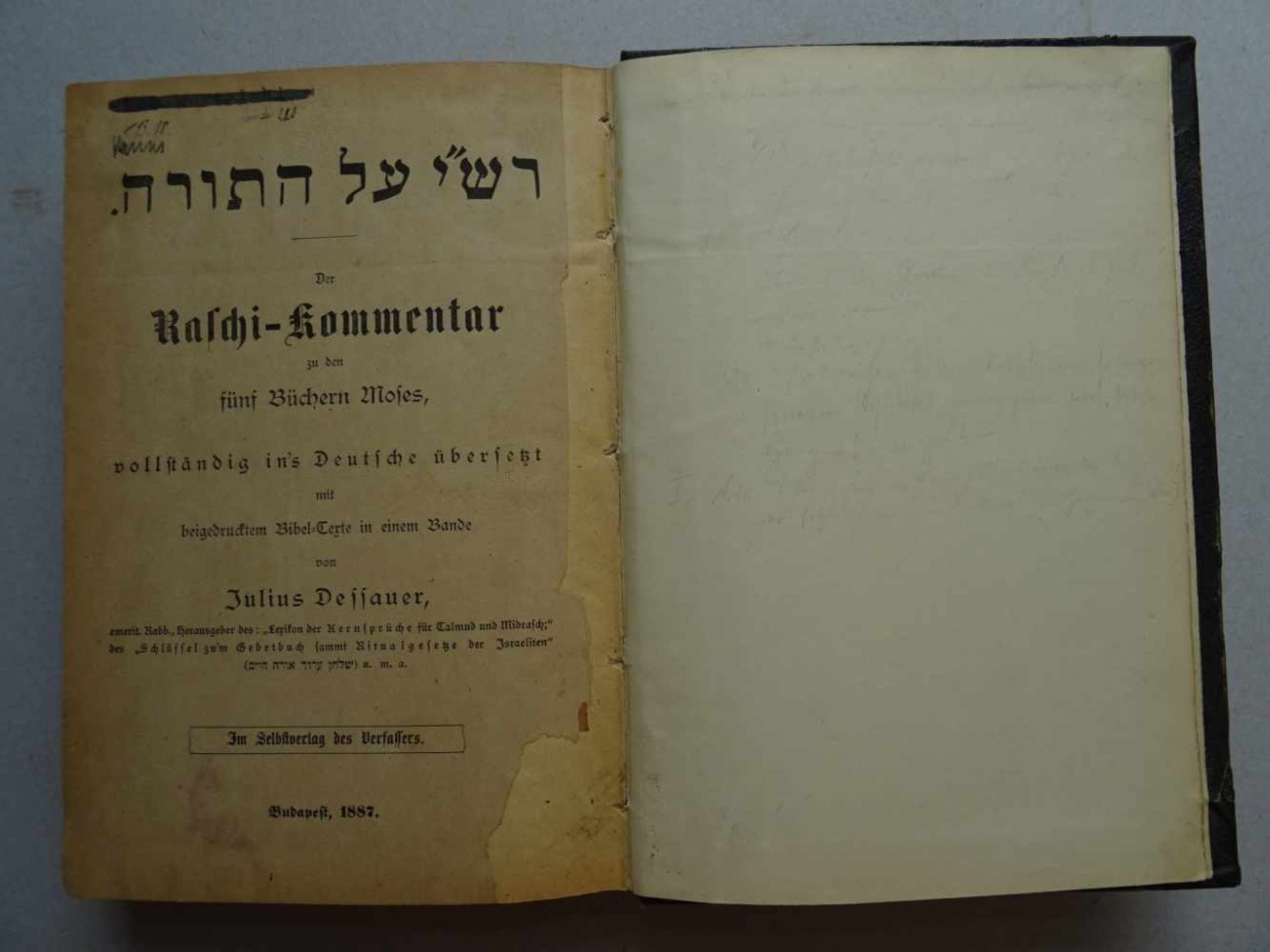 Judaica.- Dessauer, Julius.Der Raschi-Kommentar zu den fünf Büchern Moses, vollständig in's Deutsche