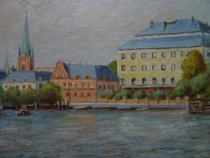 Anonym.-Ansicht der Kieler Förde mit Schloss und Dampfer. Öl auf Hartfaser. Um 1900. Unten rechts