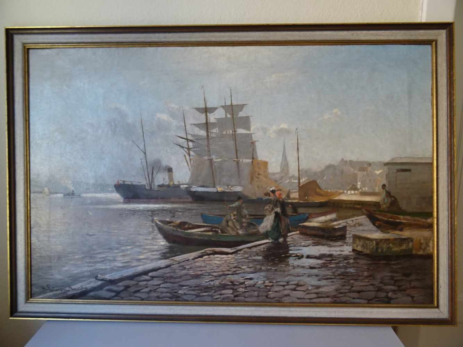 Petersen-Angeln, Heinrich(Westerholz 1850 - 1906 Düsseldorf). Flensburger Hafen. Öl auf Leinwand, um - Bild 2 aus 6