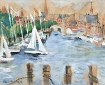 Engel, Otto Heinrich(Erbach 1866 - 1949 Glücksburg). Am Hafen. Aquarell. (Um 1905). Unten links