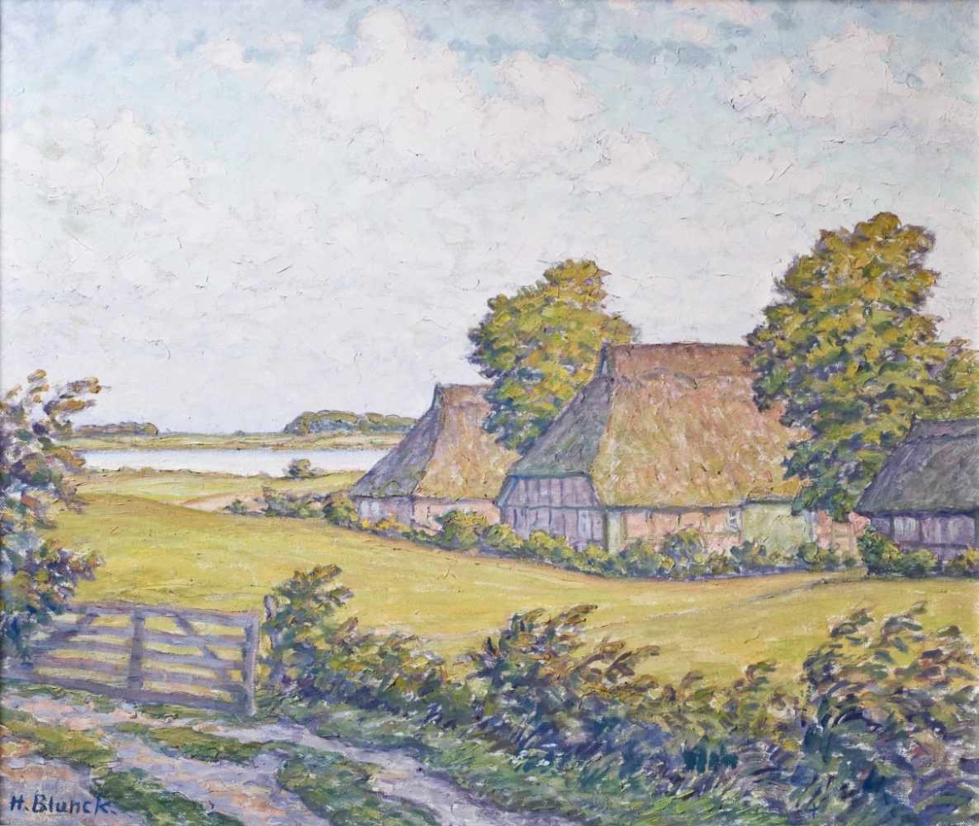 Blunck, Heinrich(Kiel 1891 - 1963 Heikendorf). Holsteinischer Hof. Öl auf Leinwand. 1925. Unten